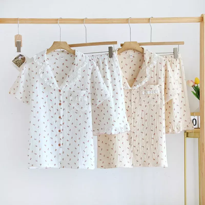 Nieuwe Gaas Katoenen Pyjama Bloemenprint Kawaii Nachtkleding Koreaanse Stijl Kanten Revers Korte Mouw Pak Sweet Vrouwen Kleding