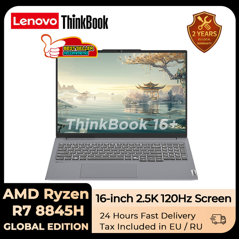 Laptop Lenovo ThinkBook 16 + 2024 AI AMD Ryzen R7 8845H Radeon 780M RAM 16GB LPDDR5x 1T SSD 16 inci 2.5K 120Hz layar Notebook PC