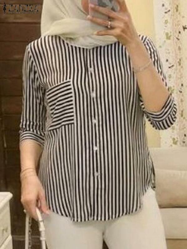 Zanzea stilvolle Frauen Ärmel gestreiftes Hemd Sommer lässig muslimische Tops Vintage Knöpfe unten Arbeit Bluse Dubai Truthahn Blusas