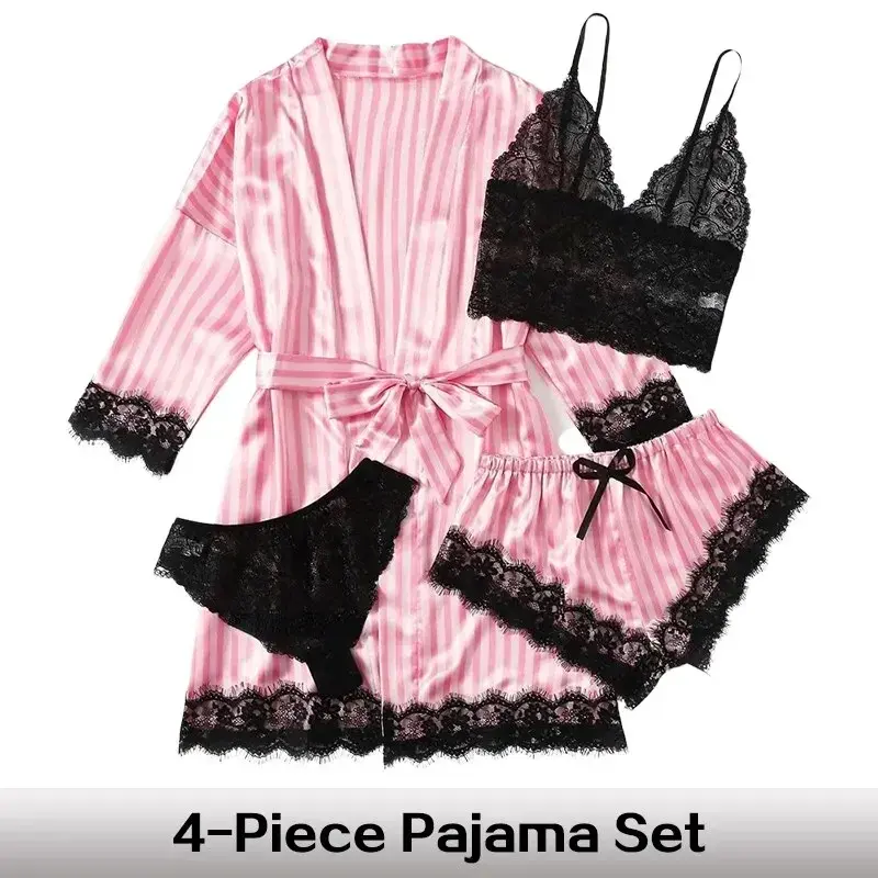 Women's Summer Fashion and Comfortable Nightwear Lace Satin with Silk Sleepwear Robe Sexy Pajama Pants Home Clothes  Sleepwear