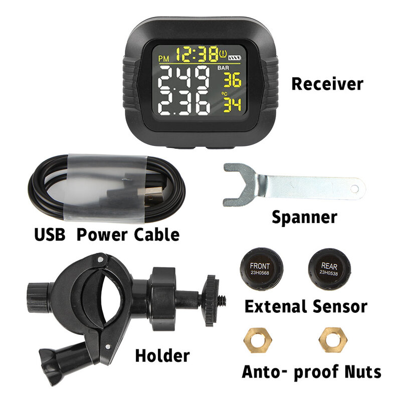 Universal Motorcycle TPMS Tire Pressure Monitoring System USB Wheel Press Accurate Detection LCD Shift Status Precise Wireless
