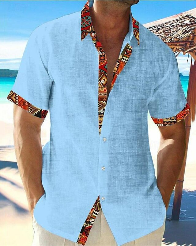 Camisa hawaiana con botones para hombre, camisa Vintage de manga corta, Tribal de bloque de Color con solapa, transpirable, de verano