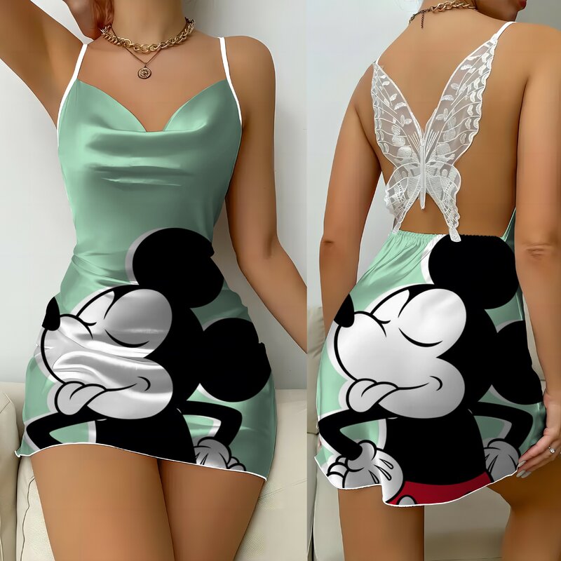 Minnie Mouse Bow Knot Party Dresses Disney Mickey Satin Surface Backless Dress Pajama Skirt Womens Fashion Summer 2024 Mini Sexy