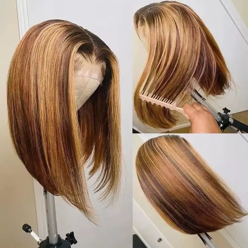 Peluca de cabello humano con encaje frontal para mujer, con cierre frontal corto postizo y rizado, corte Bob, pelo de Piano barato, 2024