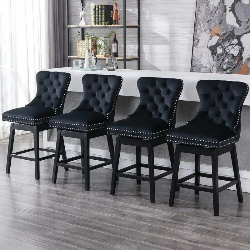 Krzesło barowe obrotowy zestaw 2, regulowany drewniany stołek barowy z tapicerowanym plecami i podnóżkiem ze skóry PU, krzesło barowe