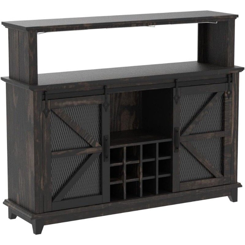 OKD Farmhouse Coffee Bar Cabinet with LED Lights, 55" Sideboard Buffet Table W/Sliding Barn Door & Wine and Glass Rack