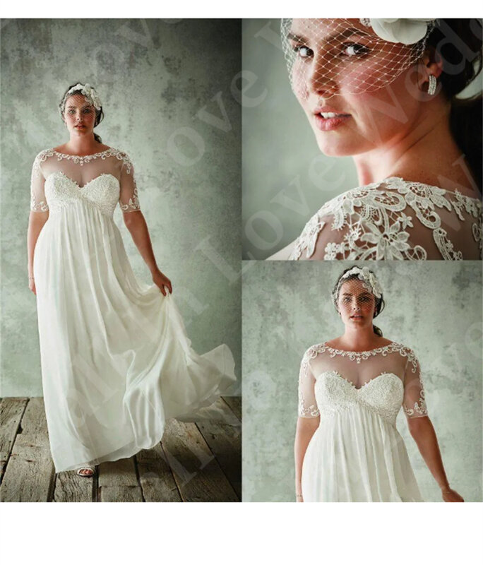 Neue Plus Size A-Linie Brautkleider für Frauen O-Ausschnitt Spitze appliziert Brautkleider Boho Beach Chiffon Party Kleid Robe de Mariée