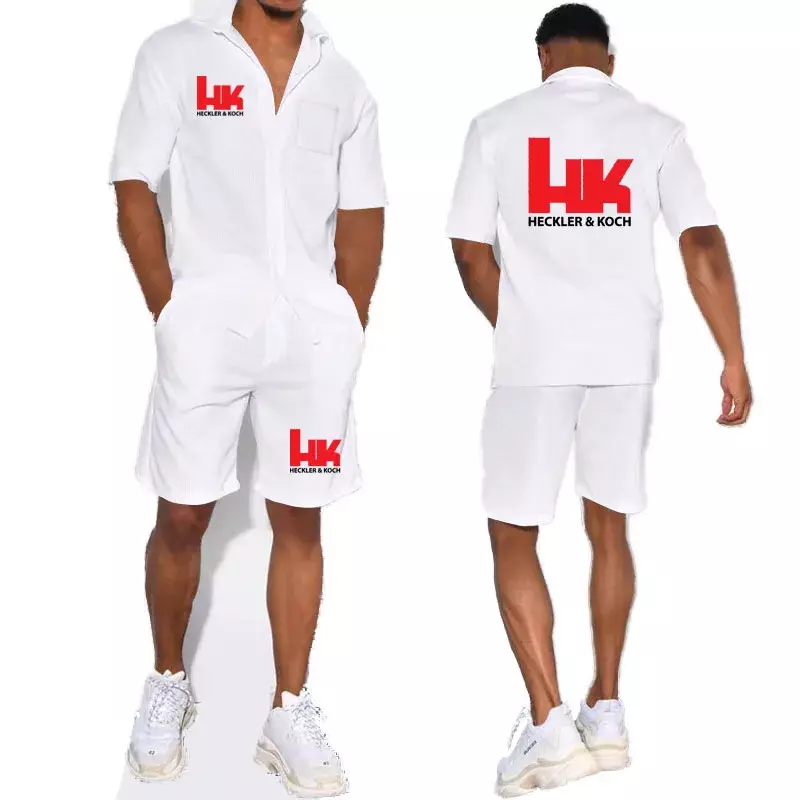 Высококачественный брендовый Мужской комплект из футболки с принтом HK, повседневная спортивная мужская одежда с коротким рукавом и шортами, популярная Летняя мужская одежда в стиле Харадзюку