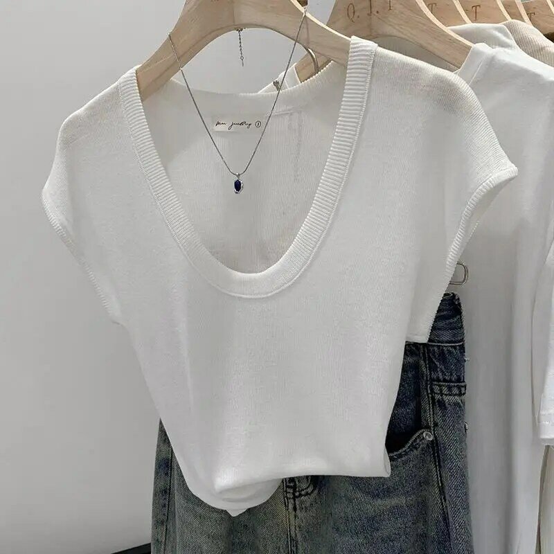 Women's Clothing Summer 2024 New All-match Solid Color Fashion Minimalist Round Neck Short Sleeve Slim Fit Knitted T-shirts Tops