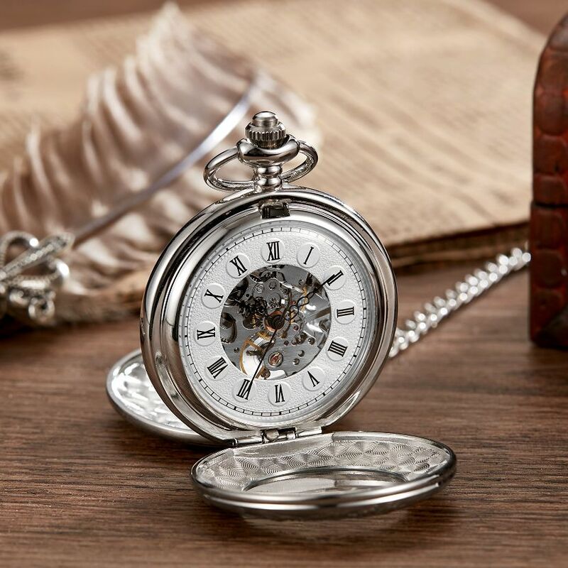 Reloj de bolsillo mecánico para hombre y mujer, pulsera de mano con 2 lados abiertos, tallado, con números romanos