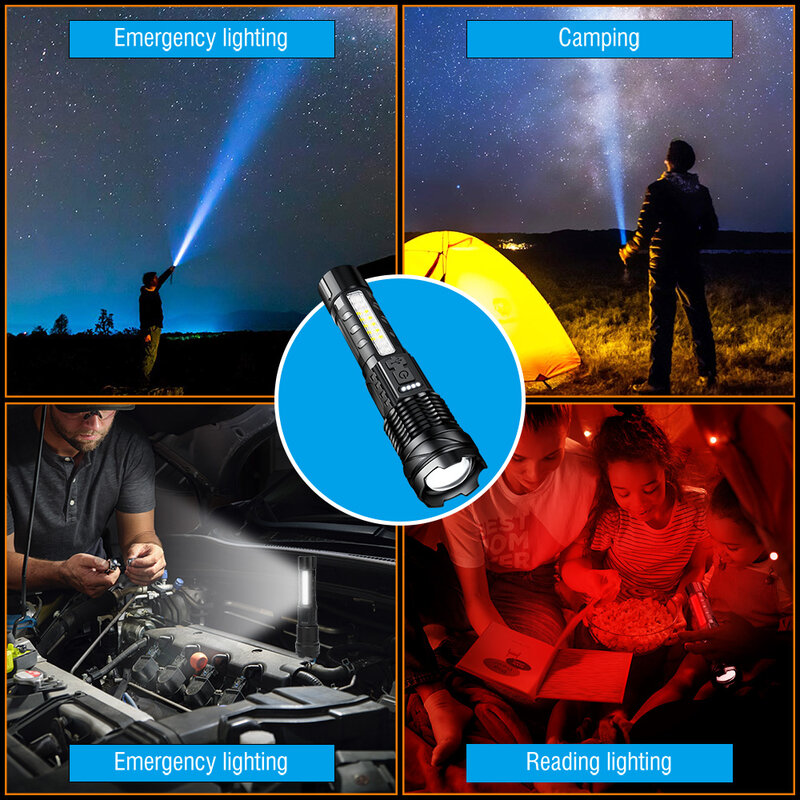 BORUiT LED مصباح يدوي نوع-C قابلة للشحن المحمولة تلسكوبي الشعلة 18650 بنيت في البطارية مع عرض الطاقة التخييم في حالات الطوارئ