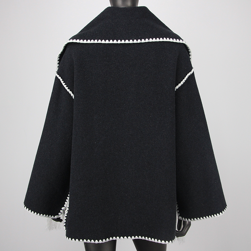 Real Silver Fox Fur Pocket Winter Women Jacket Wool Blends Cashmere Coat Knitted Tassel Scarf Collar Loose Outerwear