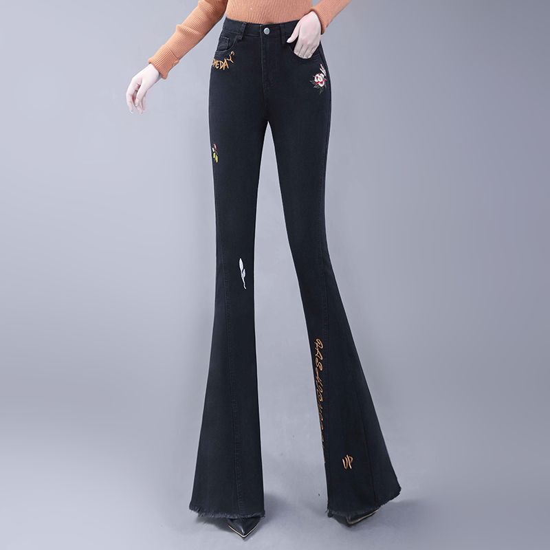 Модные корейские женские Простые повседневные расклешенные джинсы весна-осень Новинка черные офисные женские повседневные Прямые брюки с вышивкой и надписью