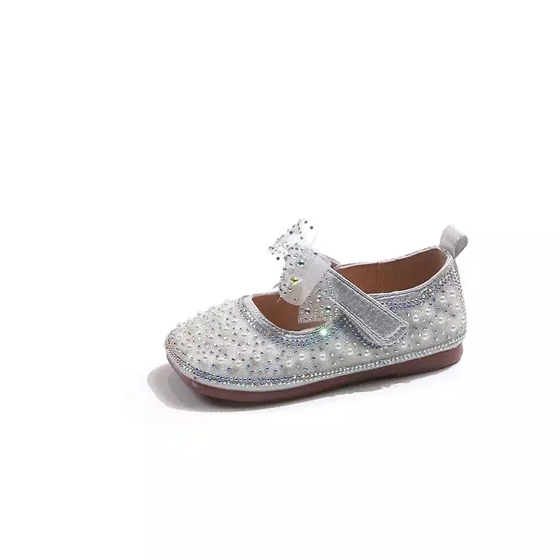 Girls' Cute Bow Temperament Princess Shoes 2024 Spring New Fashion Rhinestone Pearl Girls' Leather Shoes for Party Wedding Show