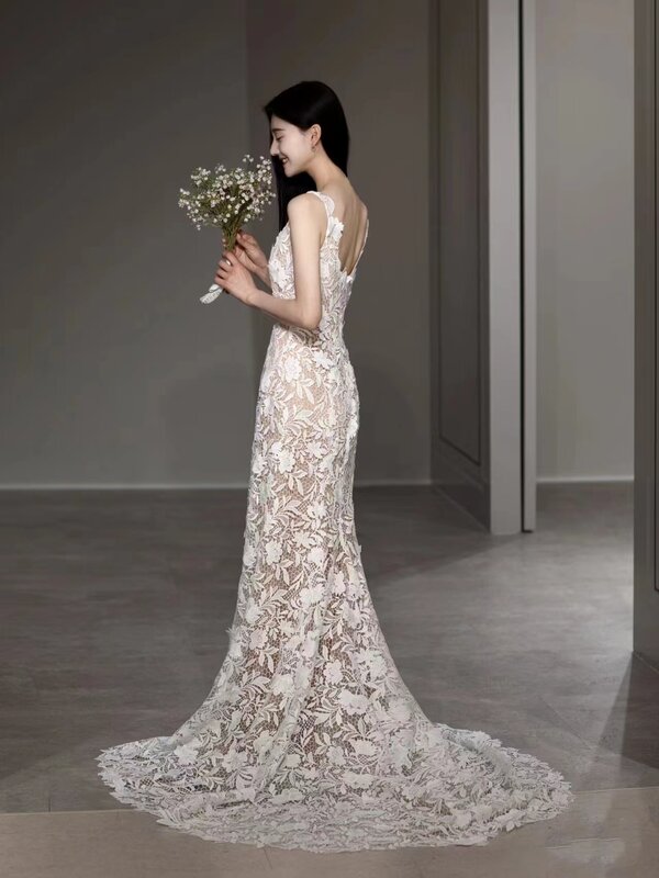Elegante vestido de casamento com flores vazadas, vestido de festa de luxo elegante e luxuoso, novo