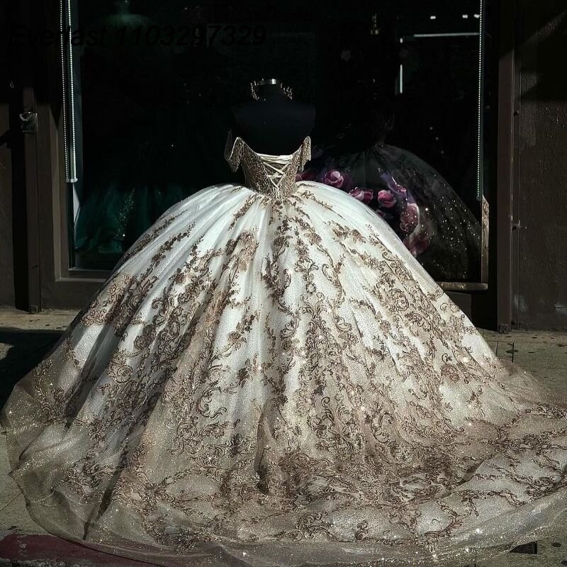 EVLAST Glitter Quinceanera Dress Ball Gown Champagne Lace Applique perline paillettes corsetto Sweet 16 Vestidos De XV 15 Anos TQD659