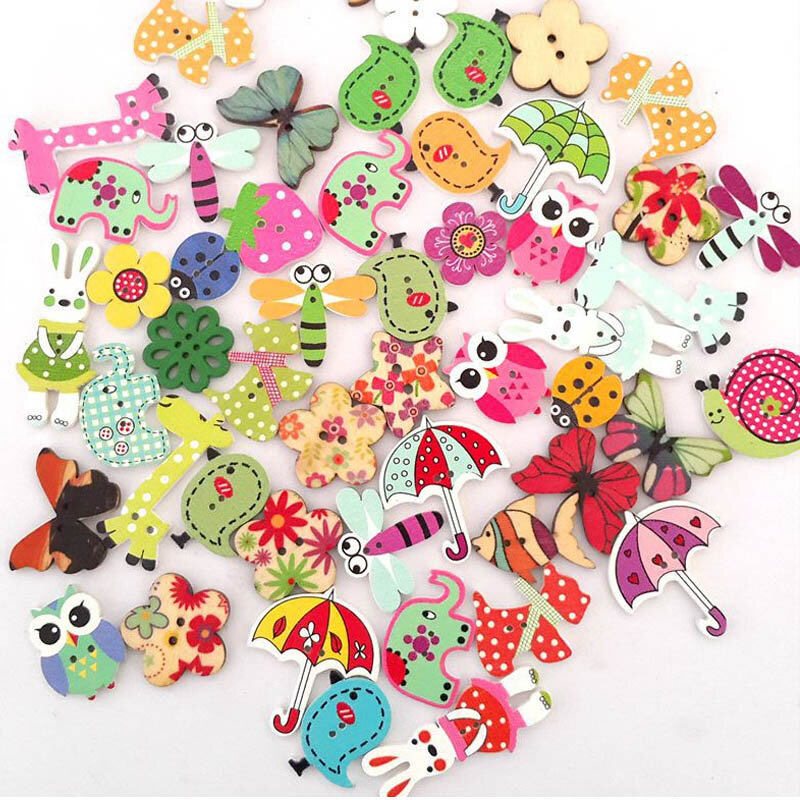 50 pçs em forma de animais botões de costura de madeira scrapbooking diy madeira colorida 2 furos botão para artesanato scrapbooking acessórios
