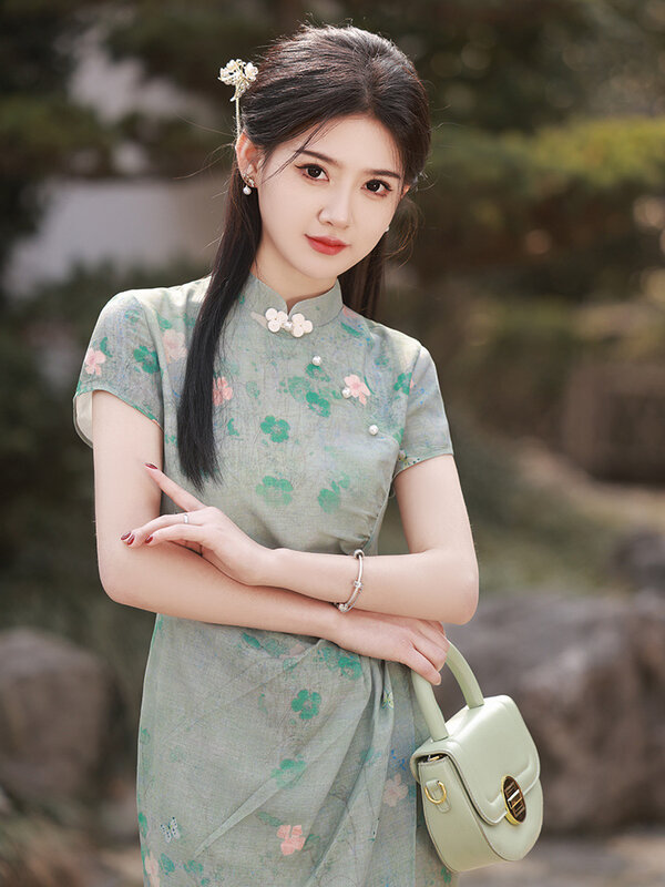 Improved Simple Cheongsam 2024 Spring Summer Old Shanghai Style Qipao Elegant Temperament Young Printed Dress