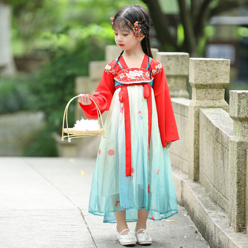 Vestido Hanfu de estilo chino para niña, traje de fiesta con bordado rojo Retro Oriental, falda tradicional, novedad de otoño