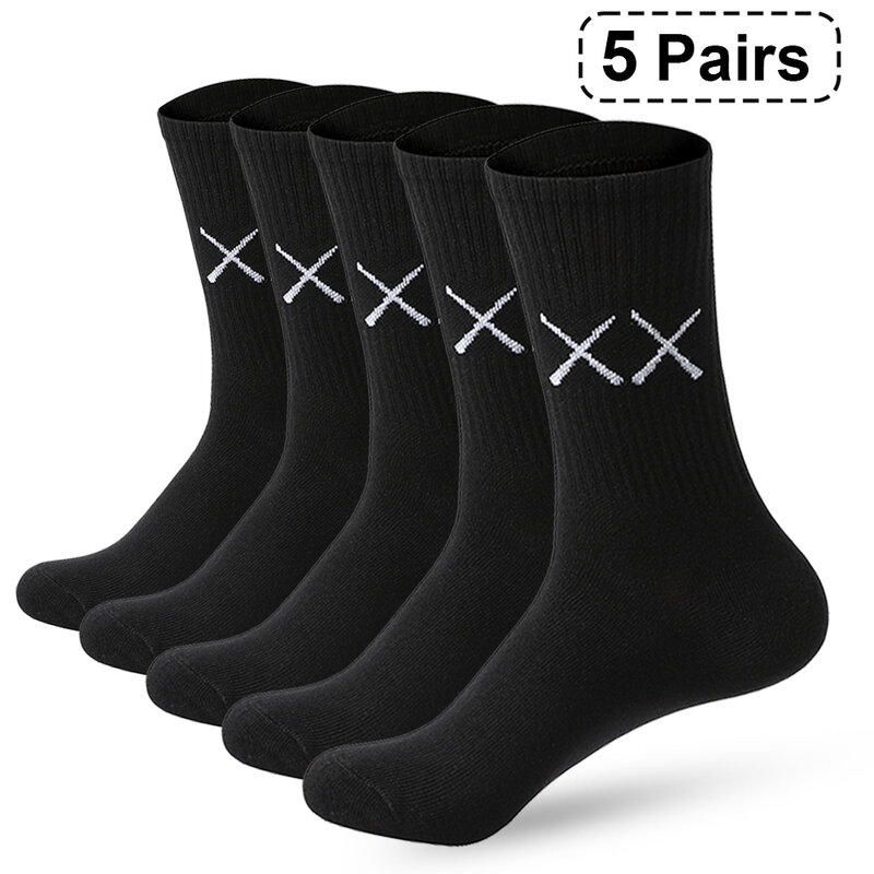 جوارب طويلة قطنية للرجال مضادة للروائح تسمح بالتهوية ، جوارب متوسطة غير رسمية ، جوارب رياضية للصالة الرياضية ، أسود وأبيض ، جوارب جري ، 5 أزواج