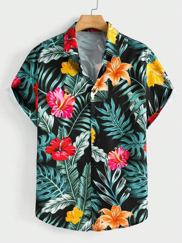 Hawaïen botanique imprimé fleur chemise manches courtes homme et femme revers bord de mer chemise boutonnée Top