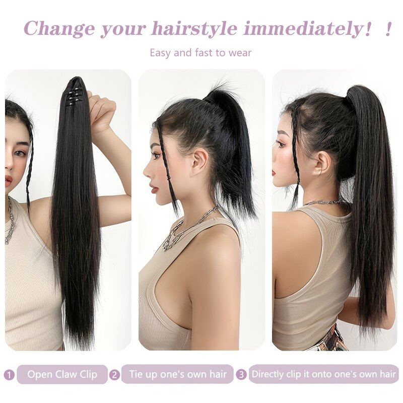 OLACARE-extensiones de cabello sintético para mujer, pelo largo y liso con Clip, cola de caballo, resistente al calor, 24 pulgadas