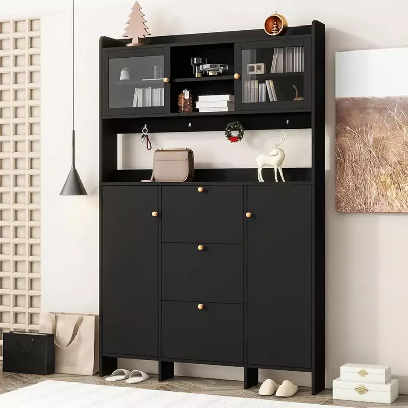 Contemporary Shoe Cabinet with Open Storage Platform, 3 Flip Drawers, and 4 Hanging Hooks, 55.00 inch Length, Black