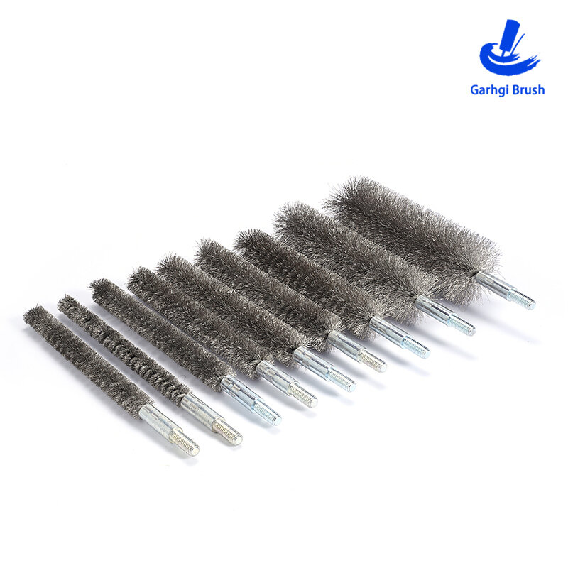 Stainless Steel Wire Pipe Brushes in Twisted Wire with M6 Thread Handle, for Deep Hole Cleaning, Polishing, Deburring, Drill Use