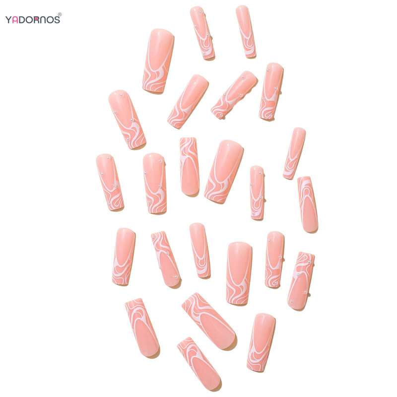 Uñas postizas de estilo francés para mujeres y niñas, uñas postizas largas de Color rosa, diseño de perlas, 24 piezas