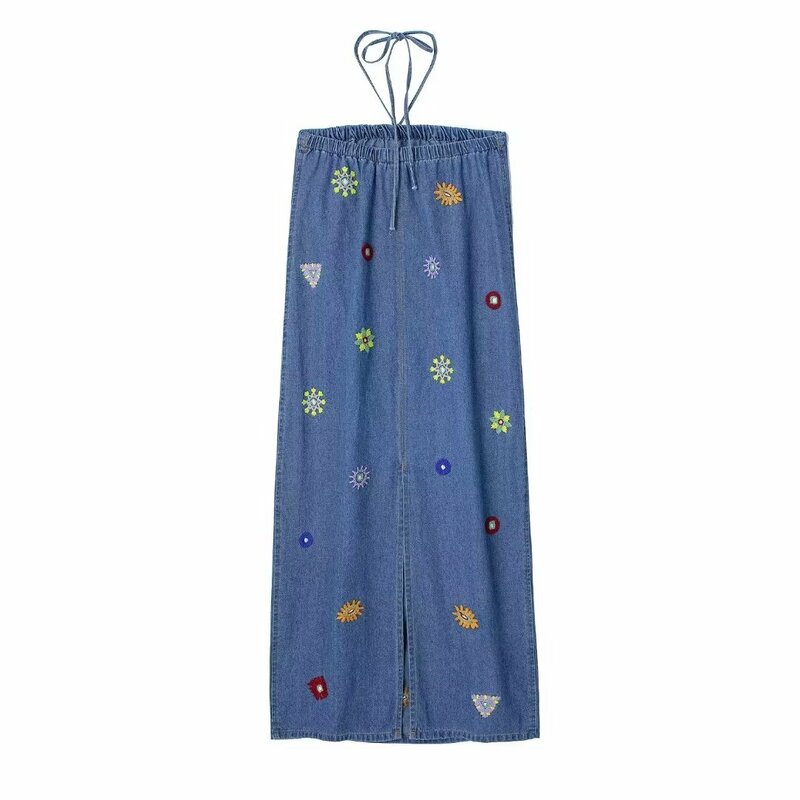 Women's summer new fashion floral embroidery decoration casual denim hanging neck midi dress retro backless women's dress Mujer