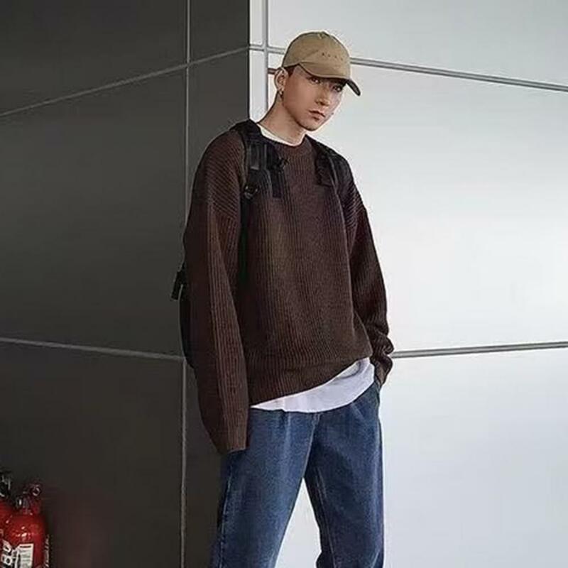 Men Round Neck Sweater Vintage Knitted Sweater Men's Loose Solid Color Pullover for Fall/winter Elastic Mid Length Plus Size