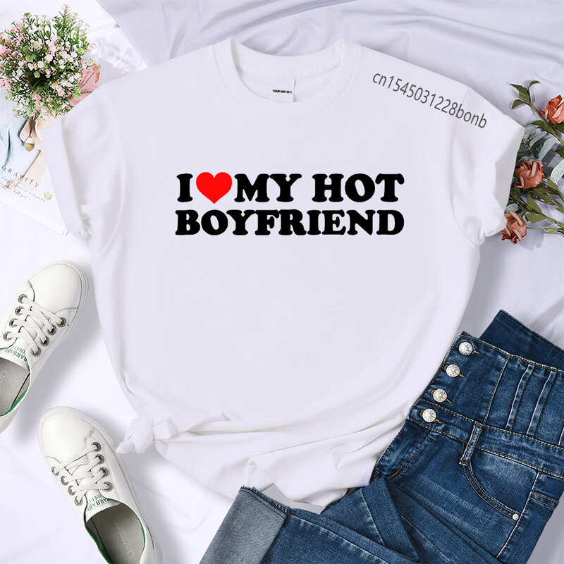 Kaus I Love My Hot Boyfriend hadiah GF BF Y2Y kaus olahraga kasual pria wanita