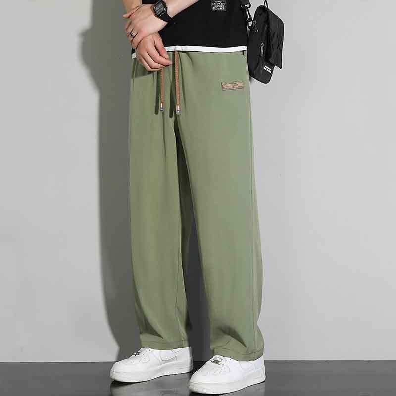 Summer Thin Quick Drying Ice Silk Straight Wide Leg Pants Men Solid Drawstring Patchwork Pocket Elastic Sports Casual Trousers