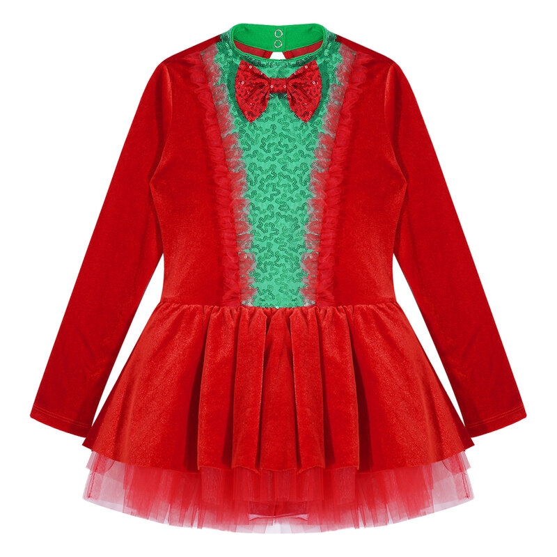 Kids Girls Christmas Dance Tutu Dress manica lunga con paillettes abito da pattinaggio in velluto Xmas Cosplay Party Costume Performance Dancewear
