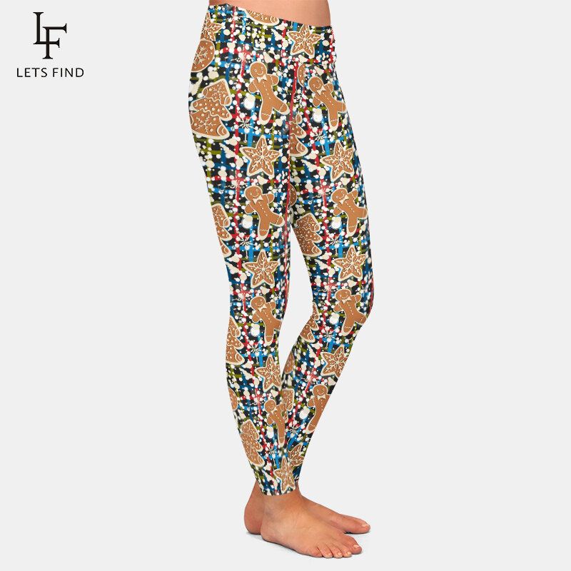 LETSFIND-Calças Fitness com Gingerbread e Biscoitos Estampados para Mulheres, Calças de Cintura Alta 3D Full Christmas Leggings, Alta Qualidade