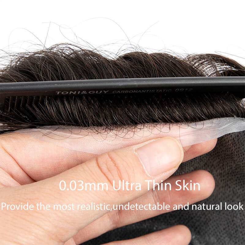 Tupé de piel fina para hombres, prótesis de cabello masculino, cabello humano Remy Capilar Natural, pelucas masculinas de piel fina de 0,03mm