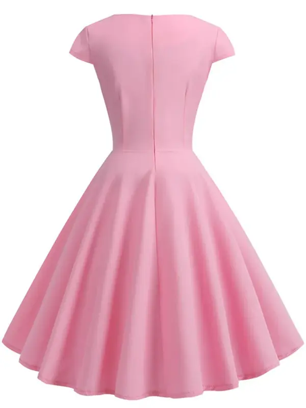 Różowa letnia sukienka damska V Neck Vintage Robe Eleganckie sukienki midi w stylu retro pin up Party Office