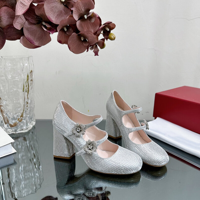 Zapatos de tacón alto para Mujer, calzado con diamantes de imitación de cristal, correa de punta redonda, diseñadores de lujo, 2024