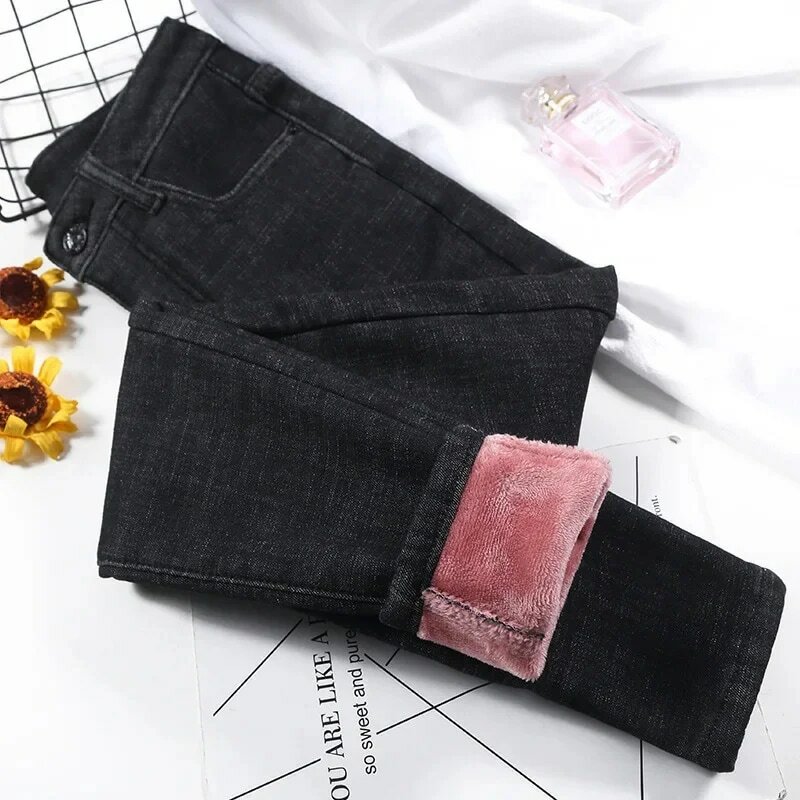 Modne elastyczne spodnie ołówkowe z wysokim stanem damskie na co dzień aksamitne dżinsy damskie dżins wysokiej jakości grube spodnie damskie 2023
