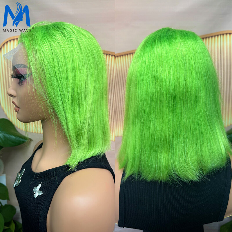 Wig rambut manusia Bob Brasil lurus untuk WANITA HITAM 13x4 Wig rambut manusia Remy warna hijau renda depan ketebalan 180%