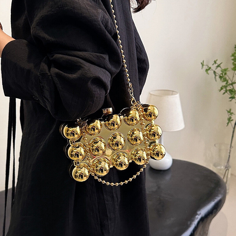 Bolsa crossbody de corrente pérola com nicho para mulheres, mini bolsa elegante, mochila feminina versátil acrílica sólida noite