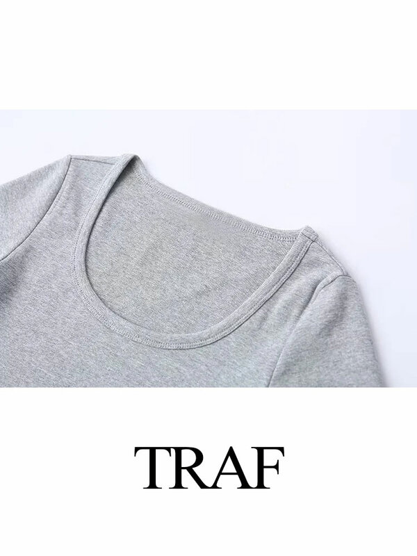 TRAF 용수철 라운드넥 긴팔 캐주얼 슬림 티셔츠, 짧은 상의, 니트 여성 단색 티셔츠, 스트리트웨어 패션