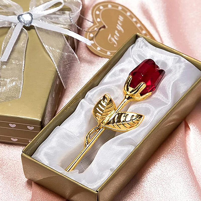 زهرة وردة زجاجية صناعية مع صندوق ، حرف تماثيل ، عيد الحب ، هدايا الزفاف ، هدية العشاق ، تذكار