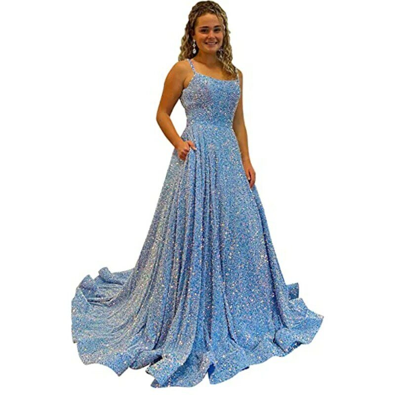 Sparkly A Line Long Prom Dresses Square Neck Criss Cross Straps Floor Length Evening Gowns Glitter Special Occasion Dress RU162