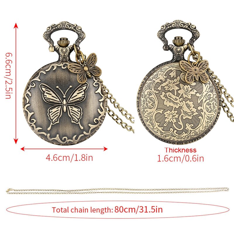 Reloj de bolsillo de cuarzo con diseño de mariposa 3D antigua, cadena de reloj Steampunk con colgante, accesorio de mariposa