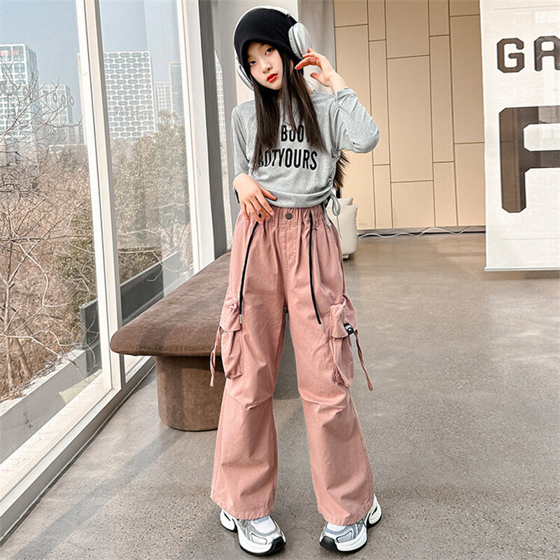 Girls spring and autumn pants wear 2024 new Korean version of children foreign style casual sports loose cargo pants