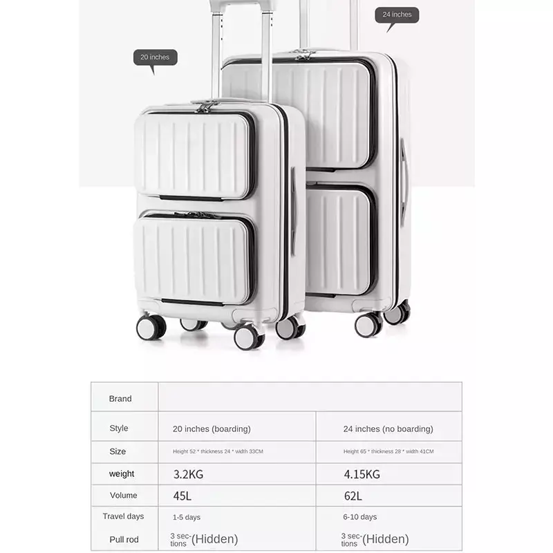 Новинка 2023, двойной передний чемодан YKK на молнии, 20 дюймов, Женский легкий чемодан для посадки, 24 дюйма, вместительный чемодан для мужчин