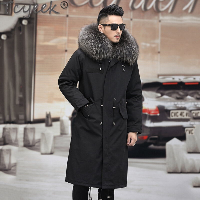 Tcyek 남성용 겨울 재킷, 따뜻한 밍크 모피 라이너, 탈착식 코트, 남성 의류,-30 ℃ 패션, 진짜 모피 파카, 너구리 모피 칼라 2023