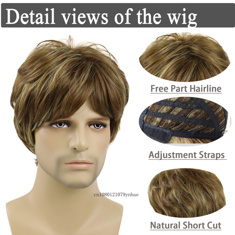 Mix Brown Wigs Synthetic Hair Short Curly Layered Wig with Bangs for Men Male Heat Resistant Cosplay Halloween Daily Costume