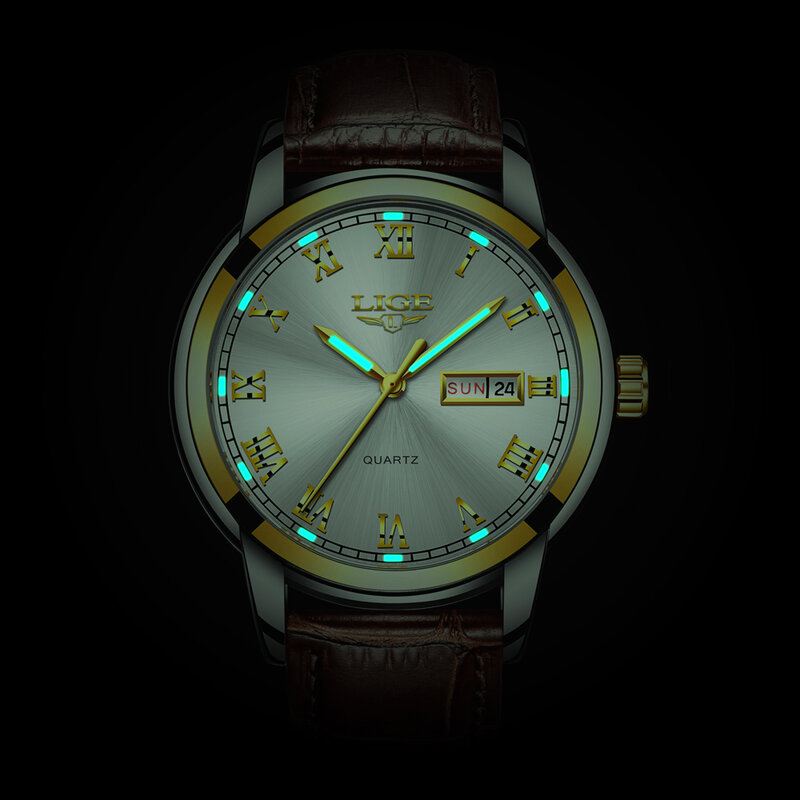 Часы LIGE Мужские кварцевые, роскошные деловые водонепроницаемые, с датой, с кожаным ремешком, классические винтажные дизайнерские